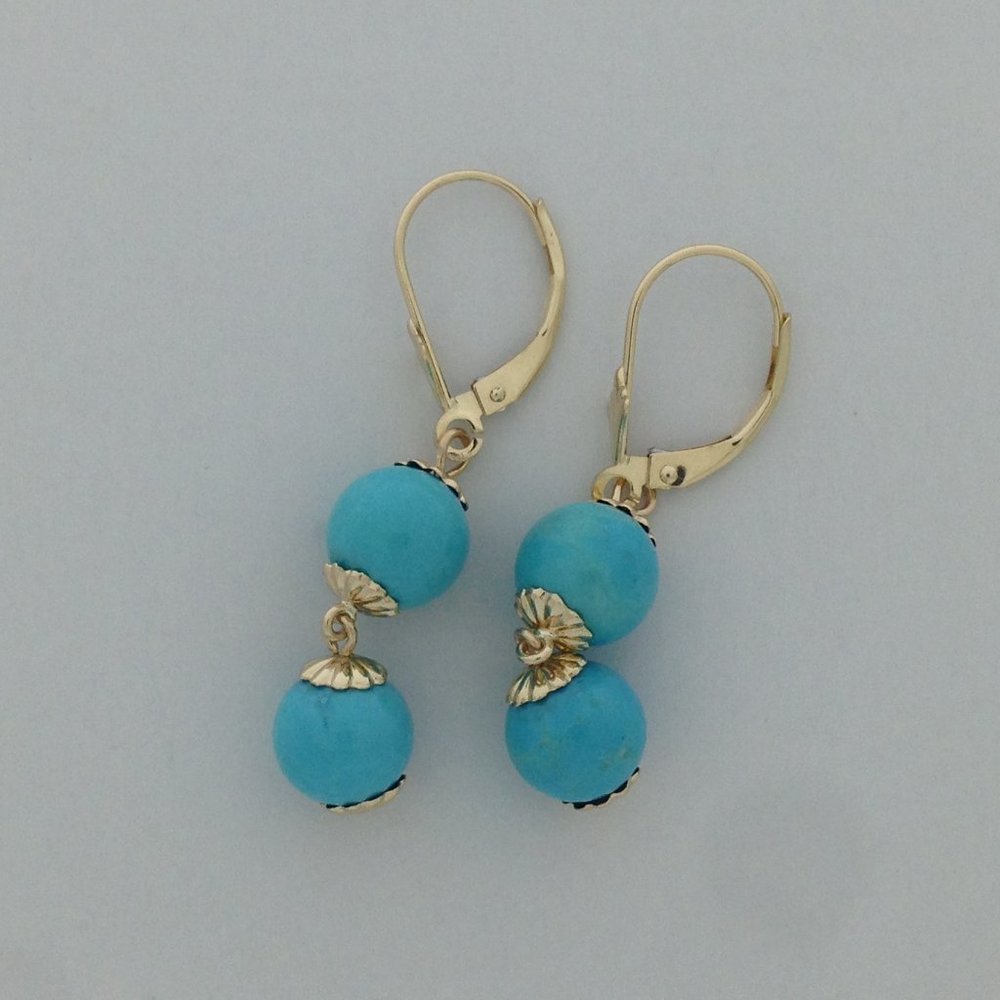 Turquoise Dangle Earrings Solid 14kt Yellow Gold
